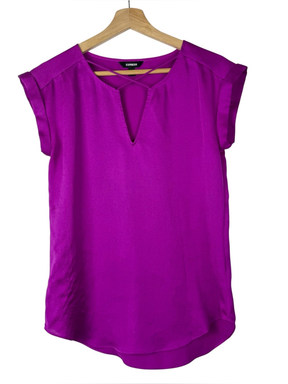 Express Magenta Pink Purple Cross Neck V-Neck Short Sleeve Blouse XS